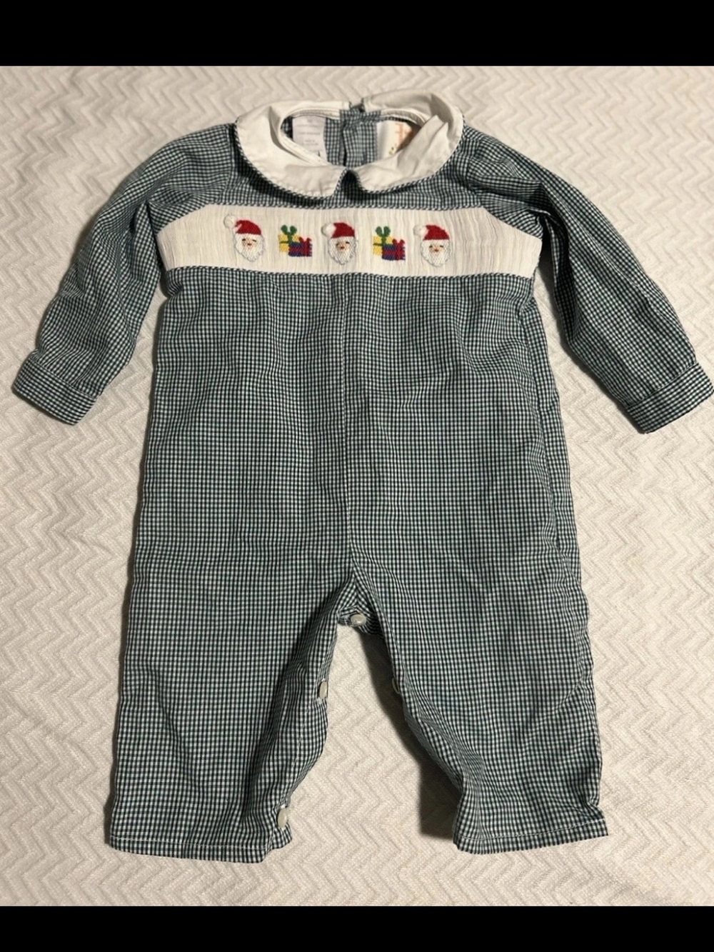 Smocked Giraffe Santa Present Outfit Peter Pan Collar Green Gingham Sz 6 Months